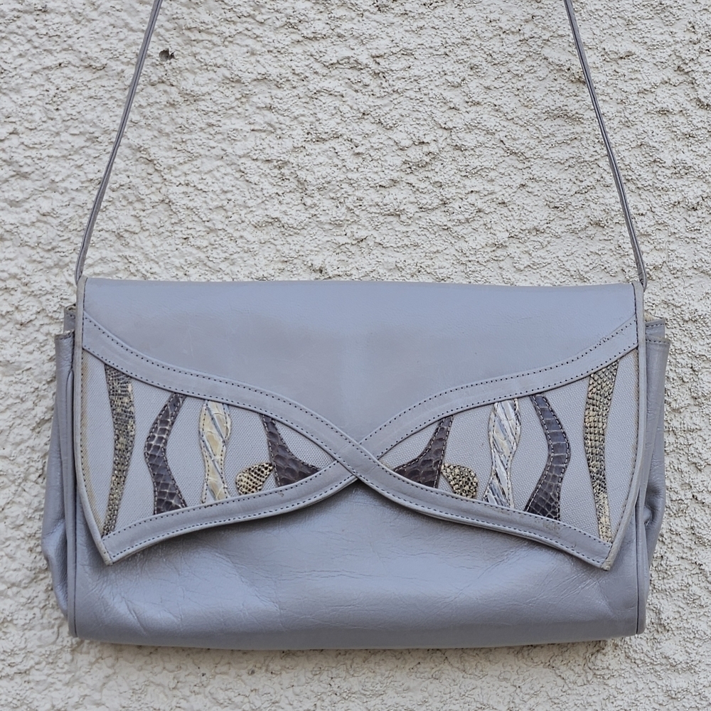 Stuart Weitzman vintage 80s gray leather shoulder bag with exotic detail
